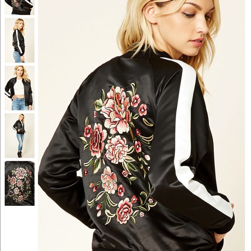Forever 21 Embroidered Satin Bomber Jacket